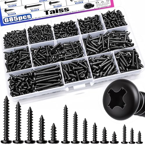 Taiss 840PCS #8#10#12#14 Self Tapping Screws for Metal,410 Stainless Steel+685PCS M2 M3 M4 Phillips Pan Head Self Tapping Wood Screws Assortment Kit,14 Sizes Self Tapping Screws for Plastic
