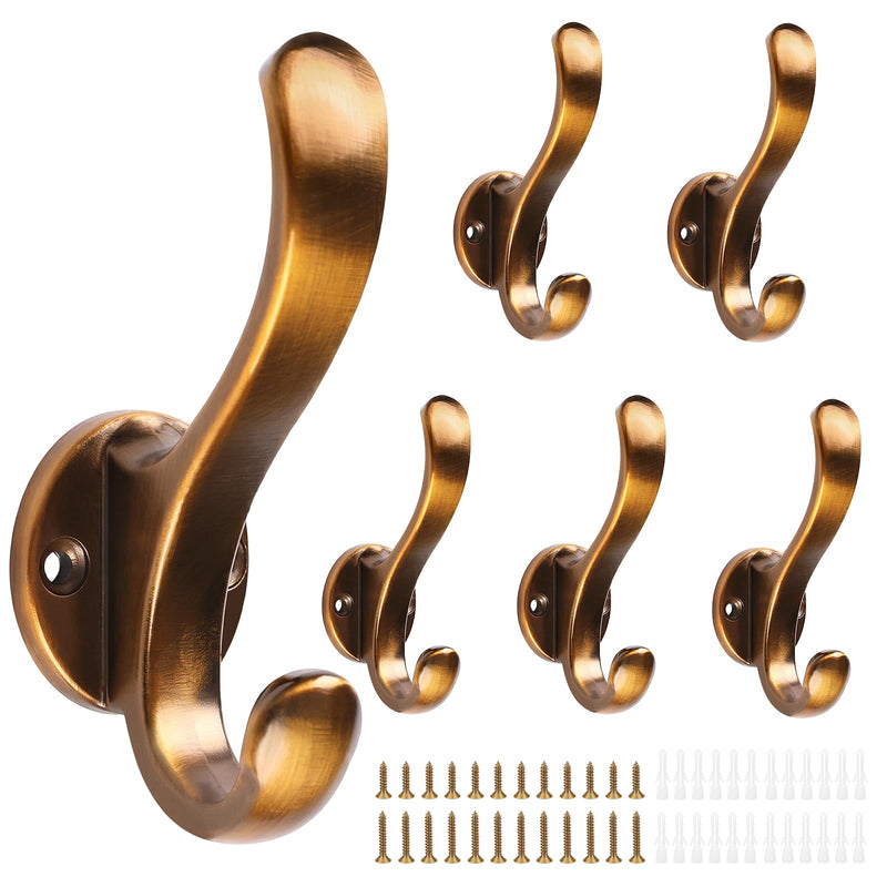 Heavy Duty Wall Hooks, Black, Metal Mounting Hardware, 6-Pack, Double Prong Design, Decorative Coat Hangers with Screws, Anchors Coffee