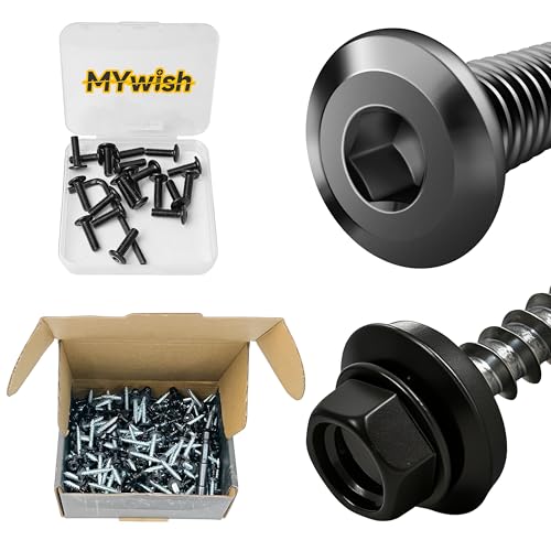 Mywish M6 x 20mm 20Pcs Flat Head Hex Socket Cap Screws Bolts & 300Pcs #10 x 1-1/2 Hex Head Self Tapping Metal Roofing Screws with Rubber Washer, Black Coated Wood Screws, Furniture Bolts Full Thread