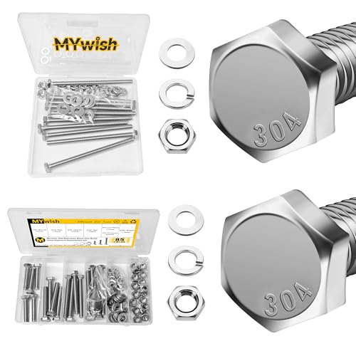 Mywish (10 Sets) 1/4-20x4 Hex Head Assorted Screws Nuts and Bolt & 5/16 Bolts, 85Pcs 5/16-18 Bolts and Nuts Kit with 1-1/2", 2", 2-1/2", 3" Hex Bolts Kit, 304 Stainless Steel 18-8, Fully Threaded, Nu
