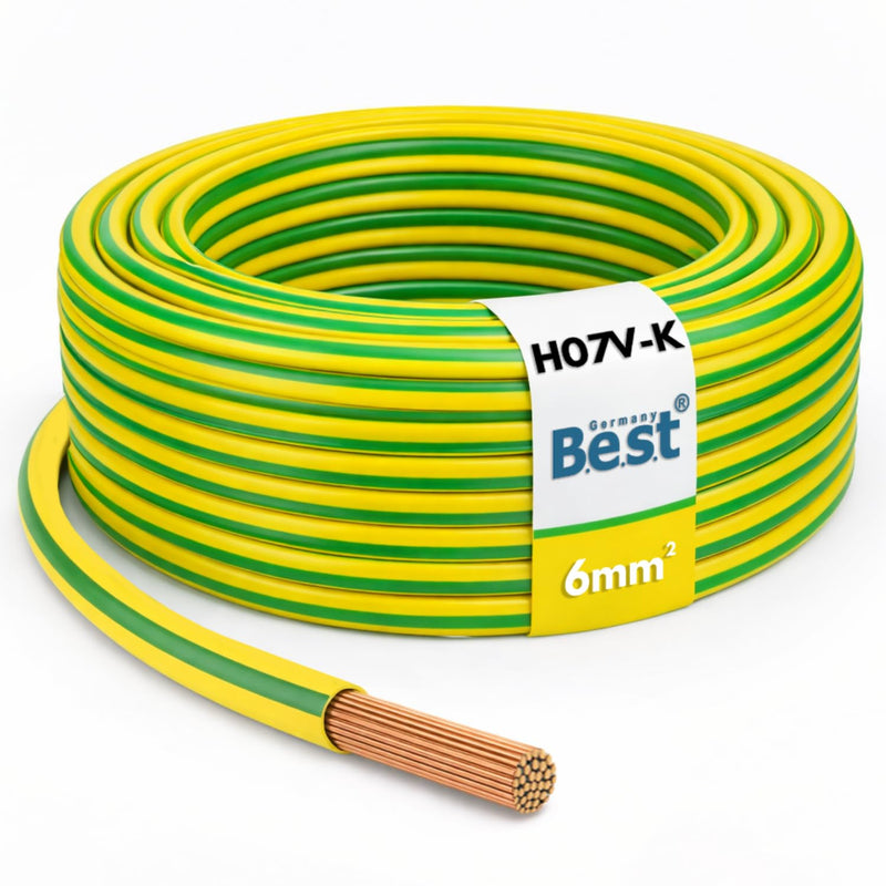 Grounding Cable 10 m 6 mm² Green/Yellow Flexible - PVC Core Cable H07V-K for PV Systems, Wiring Cable, Installation Cable, Fine Wire Copper Wire, Protective Conductor NYAF, Durable & Heat Resistant | Flexible H07V-K Kupferlitze 6mm² für Potentialausgle...