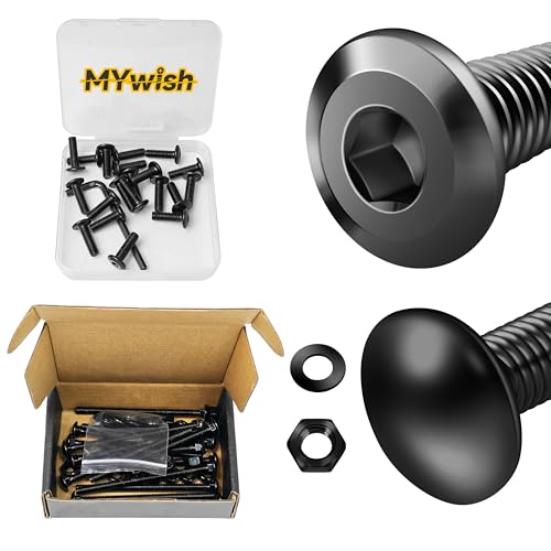 Mywish M6 x 20mm 20Pcs Flat Head Hex Socket Cap Screws Bolts, (14 Sets) 1/4-20 x 4 Carriage Bolts Screws Round Head Square Neck and Hex Nuts & Flat Washers Full Threaded 304 Stainless Steel Black Oxid