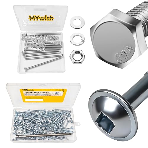 Mywish (10Sets) 3/8" x 3" Hex Head Lag Bolts & 100Pcs Pocket Hole Screws 2 Inch, Heavy Duty Lag Screws with Washers, Wood Screws #8 x 2 Washer Head Square Drive Self Tapping Pocket Screws