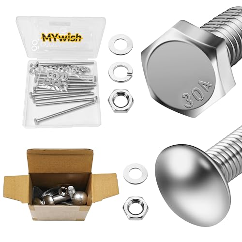 Mywish (10Sets) 3/8" x 3" Hex Head Lag Bolts & (6 Sets) 3/8-16 x 2-1/2 Carriage Bolts Screws Round Head Square Neck and Hex Nuts & Flat Washers, Full Threaded 304 Stainless Steel Bright Finish