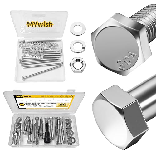 Mywish (10Sets) 3/8" x 3" Hex Head Lag Bolts & 46Pcs 3/8 Hex Head Lag Screws Assortment Kit, Heavy Duty Lag Bolts with Washers, Heavy Duty Lag Screws with Washers, 304 Stainless Steel Bolts 18-8, Lag