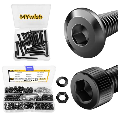 Mywish M8 x 50mm 20Pcs Flat Head Hex Socket Cap Screws Bolts & 240Pcs M6 Bolt Nuts and Bolts Assortment Kit, M6 Screw x 8/10/12/16/20/25/30mm, Metric Screw Assortment, Nuts and Bolts, Washers for Scre