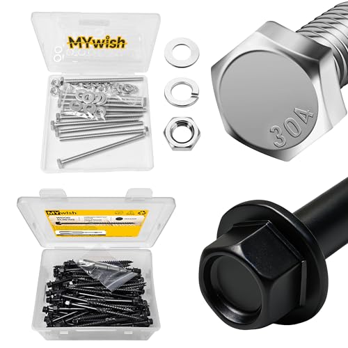 Mywish (10Sets) 3/8" x 3" Hex Head Lag Bolts & 100Pcs 4 Inch Wood Screws, #14 x 4 Heavy Duty Outdoor Wood Screws Assortment Kit Deck Screws, Hex Socket Included Hex Head Log Landscaping, Lag Screws