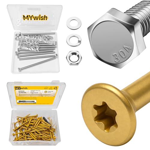 Mywish (10Sets) 3/8" x 3" Hex Head Lag Bolts & 77Pcs Wood Screws #10 x 2-1/2" 1lb Box, Deck Screws 2 1/2 Inch, T25 Torx Drive Head, Outdoor Construction Screws, Rust Resistant, Epoxy Coated, Heavy Dut