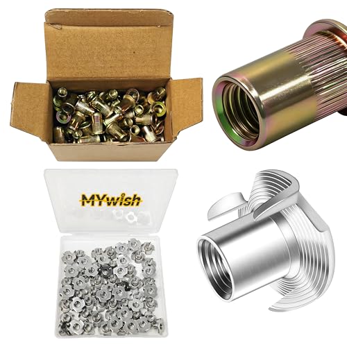 Mywish 200Pcs #10-32 Rivet Nuts & 3/8-16 Hex Nuts, 60Pcs 5/16-18" T Nuts, Four-Jaw T Nut, Yellow-Zinc Carbon Steel Flat Head Knurled Body RIV Nuts, Hardware Nuts Threaded Inserts Rivnuts for Wood