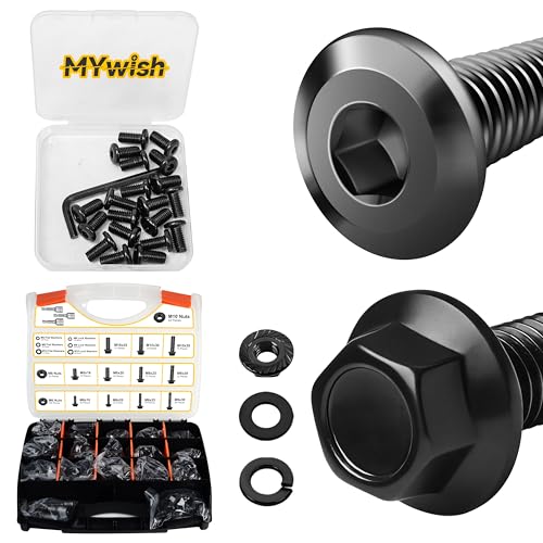 Mywish M8 x 16mm 20Pcs Flat Head Hex Socket Cap Screws Bolts & 830Pcs M6 M8 M10 Flange Metric Bolt Assortment Kit, Furniture Bolts Full Thread, Black Oxide