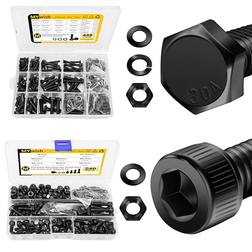 Mywish 448PCS M5 M6 M8 Screw Set, Metric Bolt Assortment & 240Pcs M6 Bolt Nuts and Bolts Assortment Kit, M6 Screw x 8/12/16/20/25/30mm, Nuts and Bolts Set Flat & Spring Washers, Hex Head Cap Screws