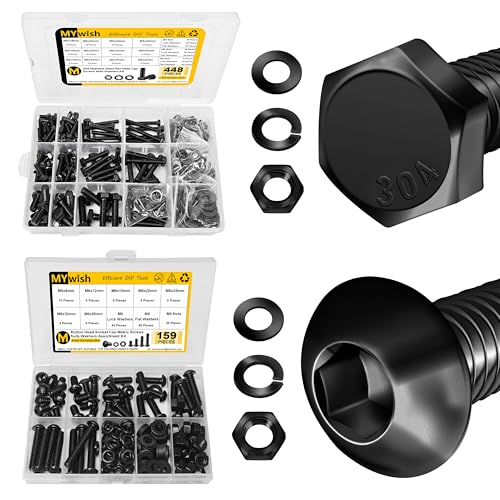 Mywish 448PCS M5 M6 M8 Screw Set & 159Pcs M6 Screw Metric Screw Assortment, Metric Bolt Assortment, Nuts and Bolts Set Flat & Spring Washers, Hex Head Cap Screws Bolts and Nuts Kit, Fully Thread & Bla