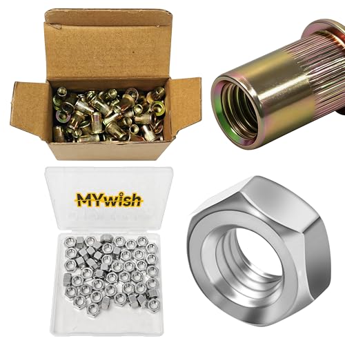 Mywish 200Pcs #10-32 Rivet Nuts & 3/8-16 Hex Nuts, 50Pcs Hardware Nuts, Yellow-Zinc Carbon Steel Flat Head Knurled Body RIV Nuts, SAE Hex Drive Machine Screw