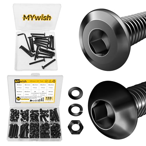 Mywish M6 x 45mm 20Pcs Flat Head Hex Socket Cap Screws Bolts & 159Pcs M6 Screw Metric Screw Assortment, M6 Socket Head Cap Screw Metric Bolts Assortment, Furniture Bolts, Black Oxide & Hex Spanner