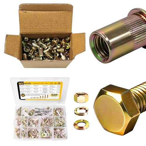 Mywish 200Pcs #10-32 Rivet Nuts & 520 Pcs M5 M6 M8 Hex Head Bolts Screws, Metric Bolt Assortment, Yellow Zinc Plated Kit, Yellow-Zinc Carbon Steel Flat Head Knurled Body RIV Nuts