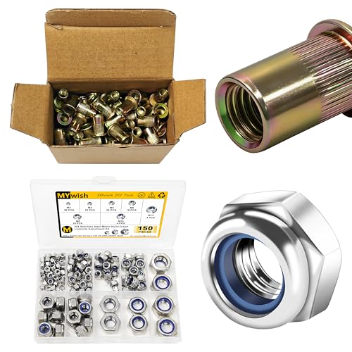 Mywish 200Pcs #10-32 Rivet Nuts & 150 Pcs Lock Nuts M3 M4 M5, M6 M8 M10 M12, Metric Nut Assortment Kit, Yellow-Zinc Carbon Steel Flat Head Knurled Body RIV Nuts, Metric Nut Assortment Kit
