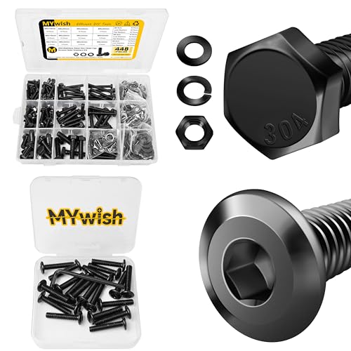 Mywish 448PCS M5 M6 M8 Screw Set, Metric Bolt Assortment & M8 x 45mm 20Pcs Flat Head Hex Socket Cap Screws Bolts, 304 Stainless Steel Furniture Bolts Full Thread, Black Oxide