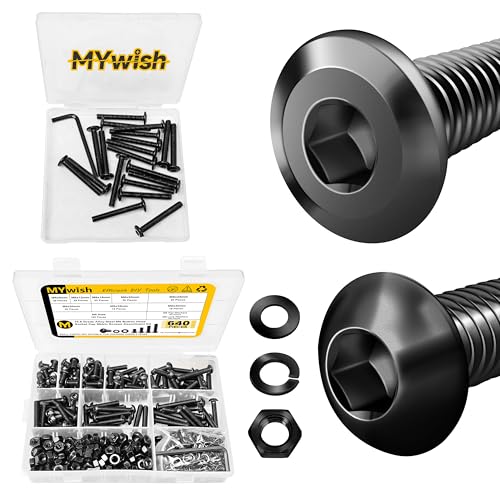 Mywish M6 x 45mm 20Pcs Flat Head Hex Socket Cap Screws Bolts & 640Pcs M6 Screw Black Bolts and Nuts Kit, M6 Socket Head Cap Screw Metric Bolts Assortment, Furniture Bolts, Black Oxide & Hex Spanner