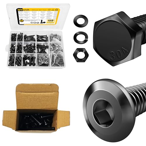 Mywish 448PCS M5 M6 M8 Screw Set, Metric Bolt Assortment & M10 x 25mm 20Pcs Flat Head Hex Socket Cap Screws Bolts, 304 Stainless Steel Furniture Bolts Full Thread, Fully Thread & Black Oxided