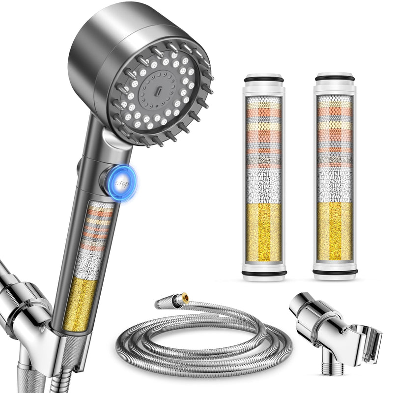 Vatex Filtered Shower Head with Handheld, High Pressure 4 Spray Showerhead with ON/OFF Switch, Shower Heads with 2 Filters for Hard Water Remove Chlorine, Reduce Dry Itchy Skin, Gray