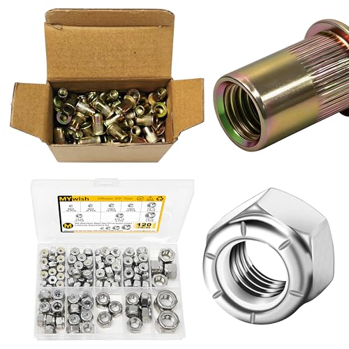 Mywish 200Pcs #10-32 Rivet Nuts & 120Pcs SAE Nylon Insert Lock Nuts Assortment Kit, 6#32 8#32 10#24 10#32 5/16-18 3/8-16 1/2-13 1/4-20 Hex Locknuts Sets, Yellow-Zinc Carbon Steel Flat Head Knurled Bod