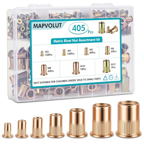MAPVOLUT 405-Piece Metric Rivet Nut Assortment Kit | M3-M12 UNC Flat Head Threaded Insert Nutsert Set for Metal | Zinc Plated Carbon Steel Rivnuts with Sturdy Storage Case