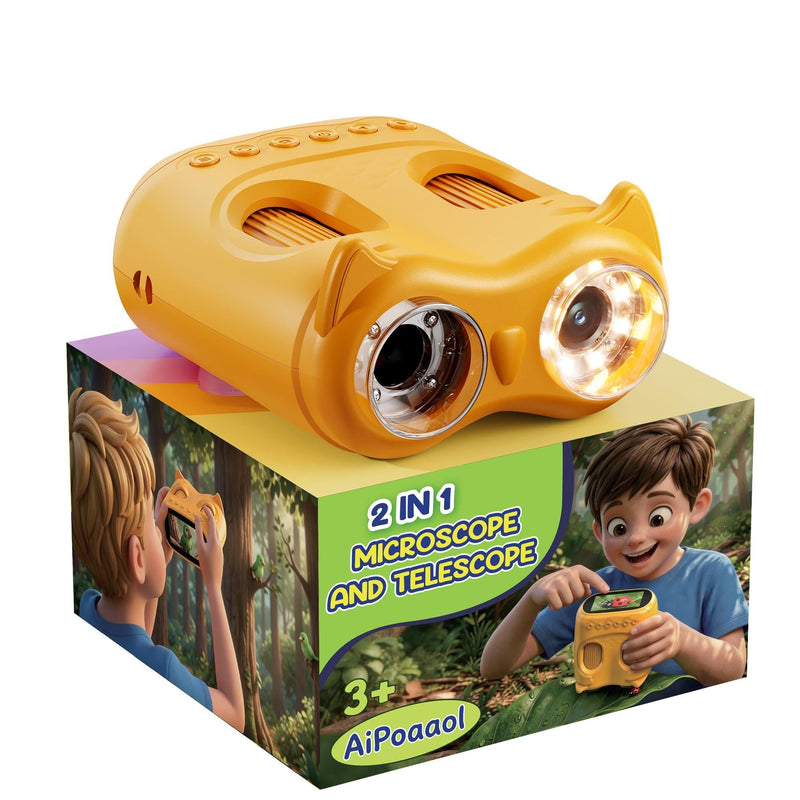 1000X Digital Microscope for Children Pocket: 2-in-1 Magnifying Glass and Telescope - Gift for Boys Girls from 3-8 8-12 Years - Experiment Set Portable Toy Outdoor Garden - STEM Birthday USB-C 1 yellow