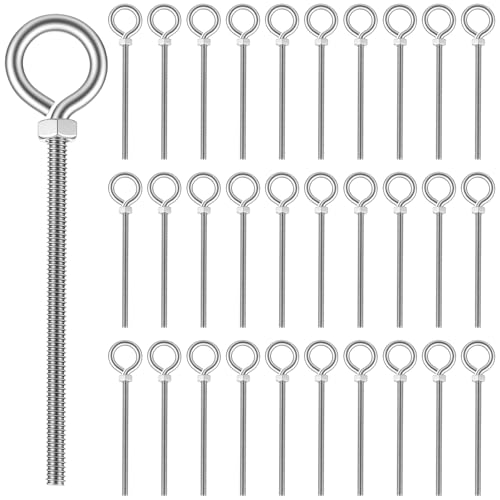 30 Set 1/4" x 4" Stainless Steel Long Threaded Eyebolts with Nuts and Washers Lifting Ring Bolts for Hanging or Securing Cables, Suspending Wood, Metal and Light Items(304 Stainless Steel)