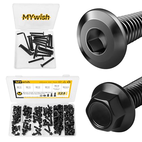 Mywish M6 x 45mm 20Pcs Flat Head Hex Socket Cap Screws Bolts & 224Pcs M6 Bolt M6 x 12/16/20/25/30mm, Flanged Hex Head Nuts and Bolts, Metric Assorted Bolts Nuts and Washers Kit, Furniture Bolts, Blac