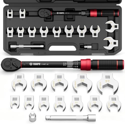 VANPO Crowfoot Wrench Set, 3/8" Drive for HVAC with 5-45Ft Torque Wrench Red