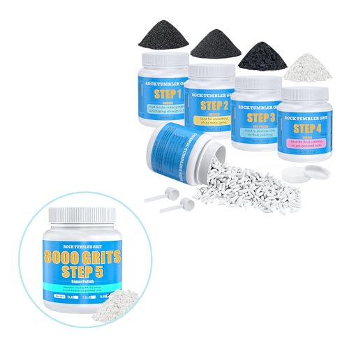 Rock Tumbling Grit & Polish Bundle – 4-Step Rock Tumbling Grits & Ceramic Media Kit + 8000 Grit Aluminum Oxide Polish, Step 5 Ultra-Fine High Gloss Finishing Refill for Rocks, Gems & Glass
