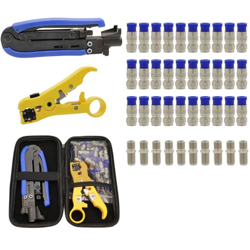 Professional Coax Cable Crimper Kit with Wire Stripper & RG6 Compression Connectors – Adjustable Coax Crimper Tool Set for TV, Satellite & Home Network Coaxial Cable Connector Installations