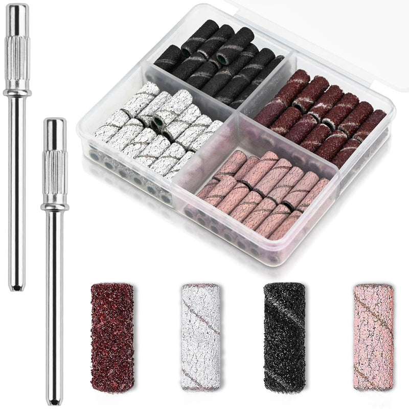 Sanding Caps Nail Cutter, Pack of 100 Sanding Sleeves Nail Cutter Attachments, Grit 80/120/180/240 Mini Sanding Sleeves with 2 Pieces 3 mm Drill Mini Grit Sanding Belts for Manicure Pedicure