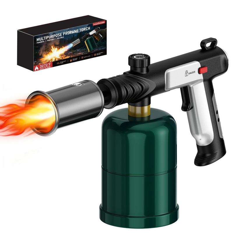 Propane Torch Gun, Weed Torch Propane Burner & Cooking Blow Torch with Safety Lock, One-Touch Max Fire, Adjustable Flame for Searing Steak, BBQ, Charcoal Starter & Weed Burning (Tank Not Included)