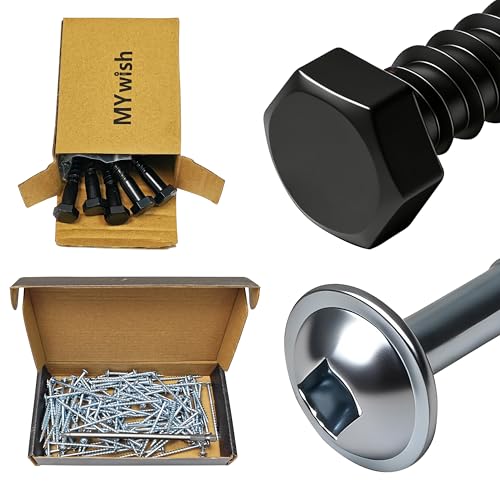 Mywish (10Sets) 3/8" x 3" Hex Head Lag Bolts & 100Pcs Pocket Hole Screws 2-1/2 Inch, Wood Screws #8 x 2-1/2" Washer Head Square Drive Self Tapping Pocket Screws, Heavy Duty Lag Screws with Washers