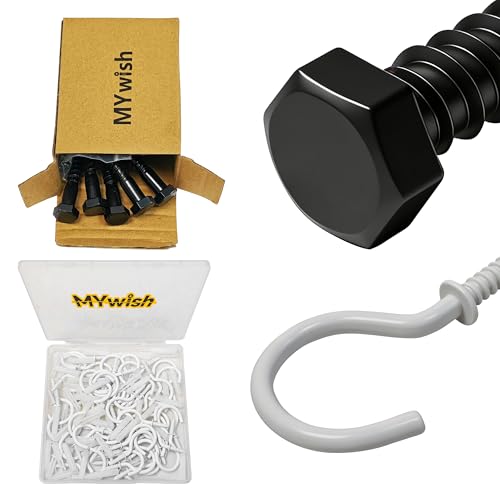 Mywish (10Sets) 3/8" x 3" Hex Head Lag Bolts & 50-Pack 1-1/4" Metal Ceiling Hooks, White Screw in Hooks, Q-Hanger Hook Screws, Heavy Duty Lag Screws with Washers