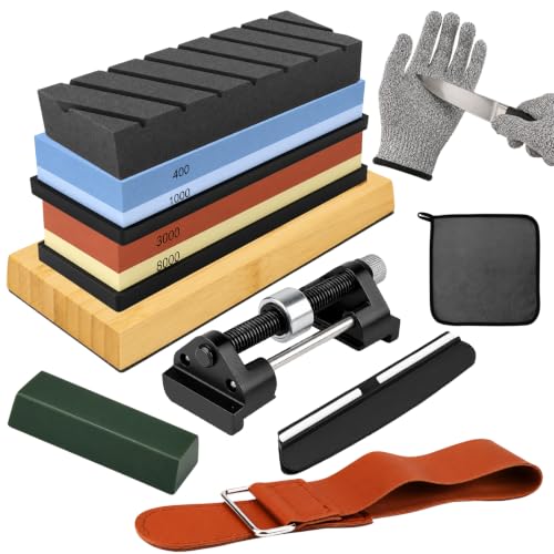 12-Piece Knife Sharpening Stone Set, Whetstone 4 Side 400/1000 3000/8000 Grit, Whetstone Knife Sharpener Stone Kit, Leather Strop, Angle Guide, Flatting Stone, Polishing Compound, Honing Guide Upgraded Version Blue