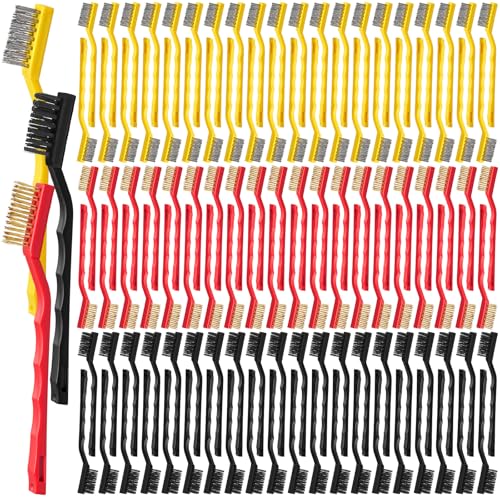 Reallnaive 150 Pcs Mini Wire Brush Set 7" Stainless Steel Nylon Brass Brush