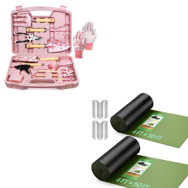 Grenebo 12-Piece Womens Gardening Tools Gift Set and Weed Barrier Fabric 4 ft x 100 ft