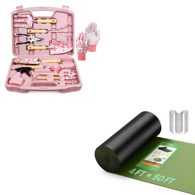 Grenebo 12-Piece Womens Gardening Tools Gift Set and Weed Barrier Fabric 4 ft x 50 ft 1 Pack