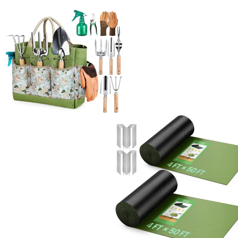 Grenebo Gardening Tools 9-Piece and Weed Barrier Fabric 4 ft x 100 ft