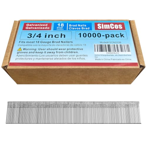 18 Gauge Brad Nails 10000-Pack 3/4" Galvanized 18 GA Nail Gun Nails or Small Finishing Nails for Pneumatic, Electric Brad Nailer 3/4 inch