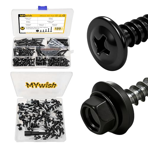Mywish 155Pcs #10x1/2, 5/8", 3/4", 1",1-1/4", 1-1/2", 2" Self Tapping Screws & 50pcs #10 x 1 Hex Head Self-Drilling Sheet Metal Roofing Screws with EPDM Washer, elf Drilling Screws, Black Sheet Metal