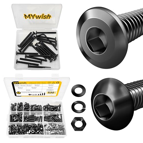 Mywish M6 x 60mm 20Pcs Flat Head Hex Socket Cap Screws Bolts & 640Pcs M6 Screw Black Bolts and Nuts Kit, M6 Socket Head Cap Screw Metric Bolts Assortment, Machine Screws, Black Oxide & Hex Spanner