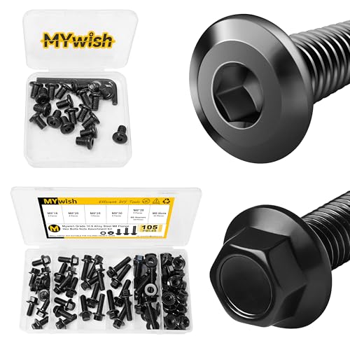 Mywish M8 x 12mm 20Pcs Flat Head Hex Socket Cap Screws Bolts & 105Pcs M8x1.25 Bolt x 16/20/25/30/35mm Flanged Hex Head Bolts, Nuts and Bolts Assortment Kit, Furniture Bolts Full Thread