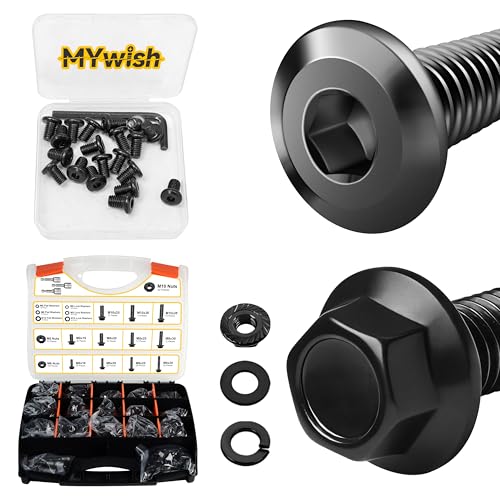 Mywish M8 x 12mm 20Pcs Flat Head Hex Socket Cap Screws Bolts & 830Pcs M6 M8 M10 Flange Metric Bolt Assortment Kit, Furniture Bolts Full Thread, Black Oxide Nuts and Bolts, Flat/Spring Washers