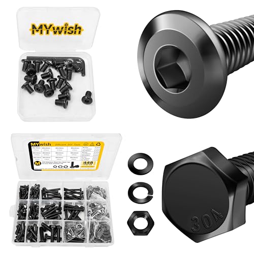Mywish M8 x 12mm 20Pcs Flat Head Hex Socket Cap Screws Bolts & 448PCS M5 M6 M8 Screw Set, Metric Bolt Assortment, 304 Stainless Steel, Nuts and Bolts Set Flat & Spring Washers, Furniture Bolts Full Th