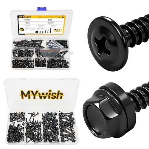 Mywish 155Pcs #10x1/2, 5/8", 3/4", 1",1-1/4", 1-1/2", 2" Self Tapping Screws & 155 Pieces #8#10 Hex Head Self Drilling Screws Assortment Kit, Truss Head 410 Stainless Steel Self Drilling Screws, Black