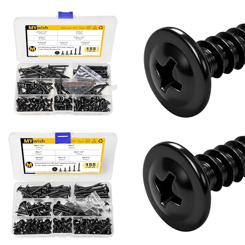 Mywish 155Pcs #10x1/2, 5/8", 3/4", 1",1-1/4", 1-1/2", 2" Self Tapping Screws & 155Pcs #8 Truss Head Wood Screws, Quick Metal Black Self Tapping Wood Screws， Black Sheet Metal Screws for Metal Wood &