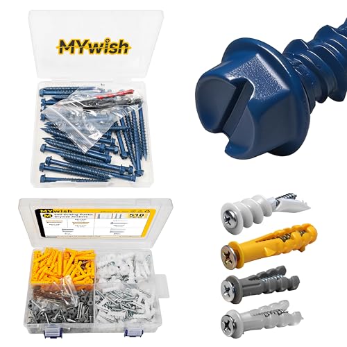 Mywish 30Pcs 1/4 x 2-3/4" Concrete Screws & 510Pcs Wall Hanging Kit with Anchors and Screws, Dry Wall Anchors and Screws Kit for Picture Hanging, Slotted Hex Washer Head Masonry Stucco Screws Anchor K
